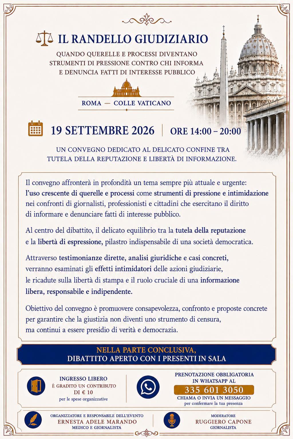 Locandina del convegno «Il Randello Giudiziario», Roma, 19 settembre 2026: in difesa della democrazia, della libertà di informazione e del diritto di critica.