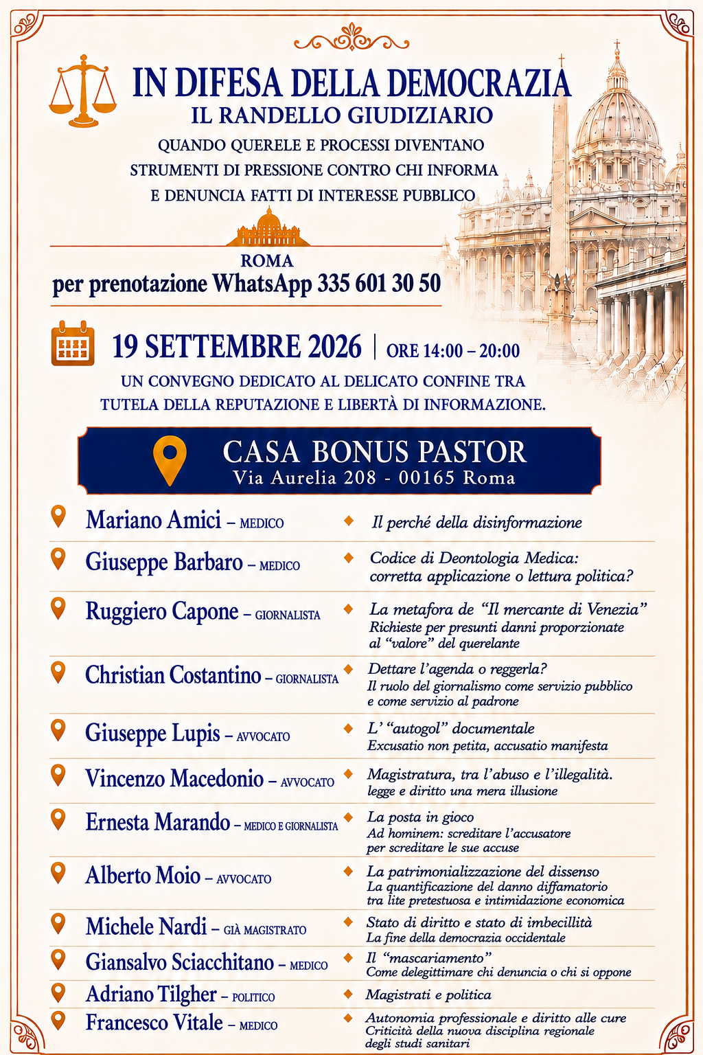 Locandina con relatori e temi degli interventi del convegno «Il Randello Giudiziario », in programma il 19 settembre 2026, dalle 14:00 alle 20:00, presso Casa Bonus Pastor, Via Aurelia 208, Roma.