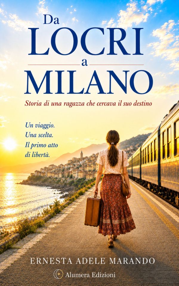La copertina mostra una ragazza vista di spalle, con una valigia in mano, mentre cammina accanto a un treno. Sullo sfondo ci sono il mare, la costa e una luce calda di partenza.  L’immagine richiama il tema centrale del libro: il distacco dalla Calabria, il viaggio verso Milano e la scelta di una giovane donna di cercare altrove il proprio futuro.